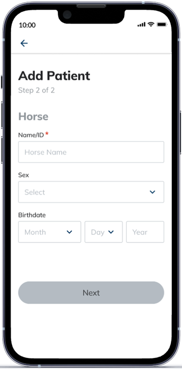 The Add Patient screen with the horse profile form: name, sex, and birthdate