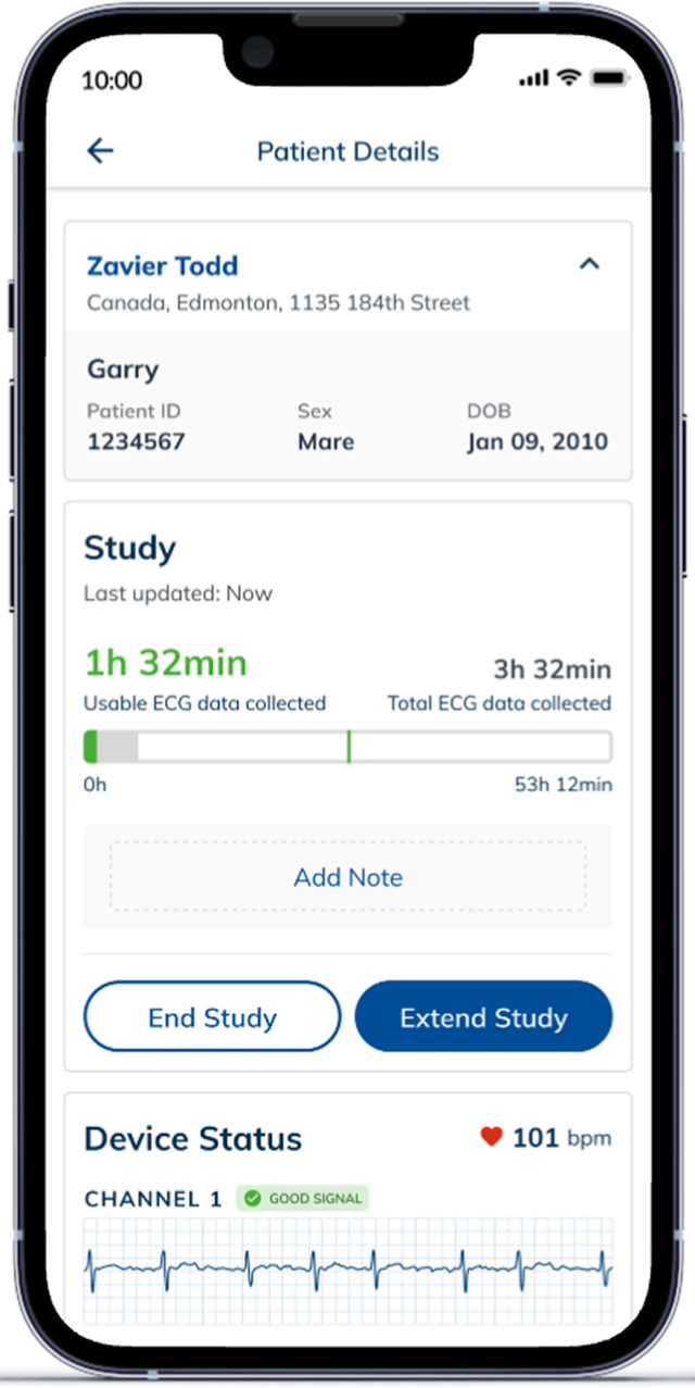 The active study screen tracking usable ECG hours with time-stamped notes