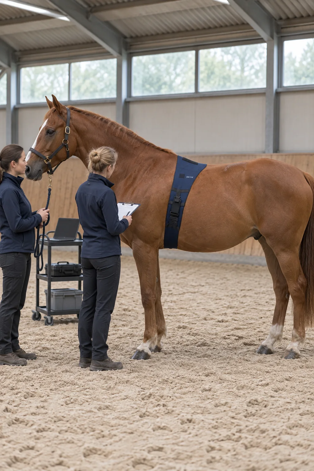 Two researchers record observations beside a chestnut horse wearing the SKIIN Equine band in an indoor arena