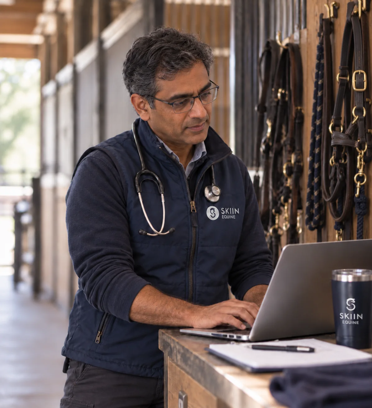 An equine veterinarian reviews study results on a laptop in the barn aisle