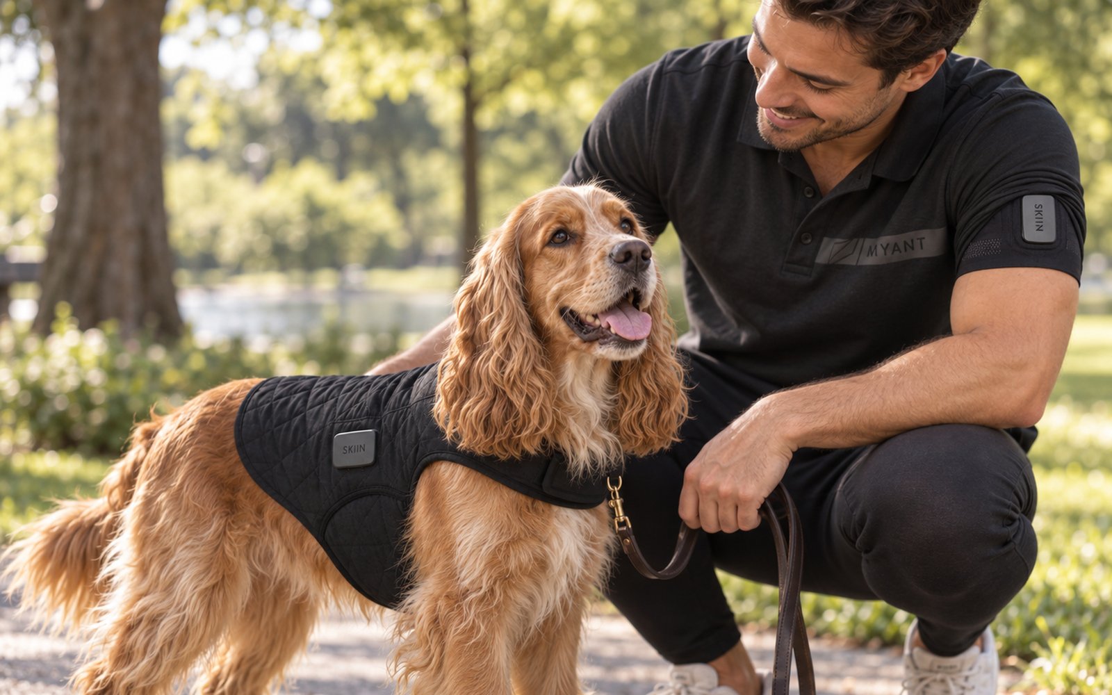 A spaniel wearing the SKIIN canine vest stands in a park beside its owner, who wears a Myant polo with a SKIIN sleeve sensor