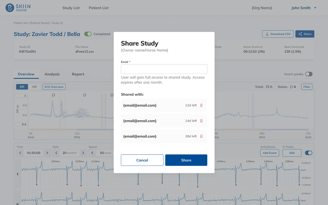 The portal share panel, listing the people a study has been shared with